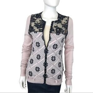 Nina Ricci Pink Cardigan Sweater with Black Lace Wool & Cashmere